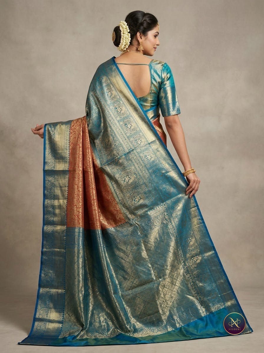Copper Teal Pure Kanchi Pattu Saree