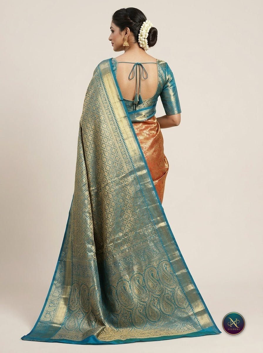 Copper Teal Pure Kanchi Pattu Saree