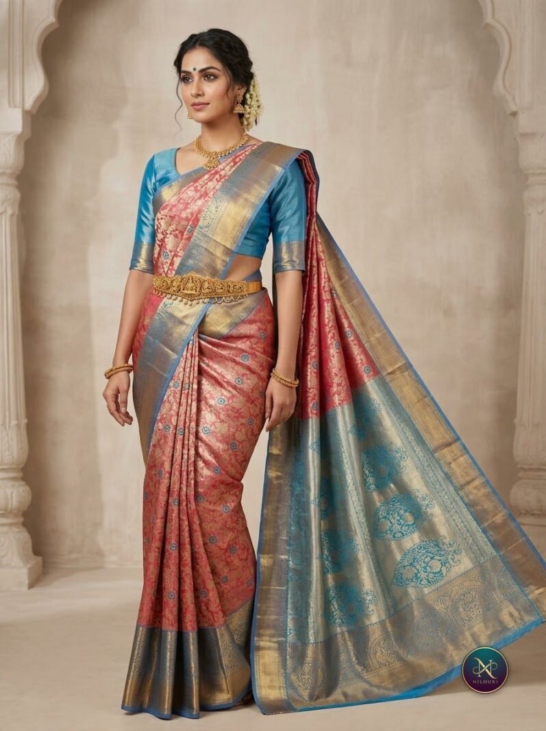 Coral Sky Blue Pattu Silk Saree