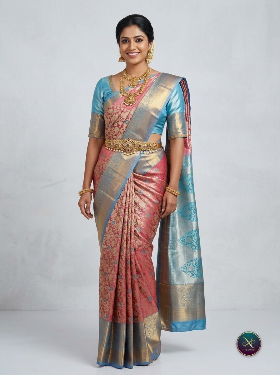 Coral Sky Blue Pattu Silk Saree