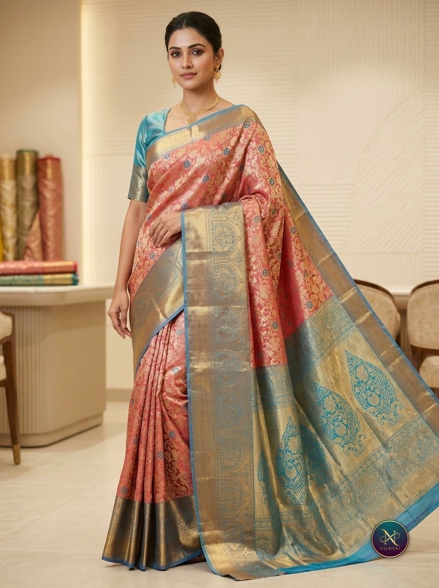 Coral Sky Blue Pattu Silk Saree