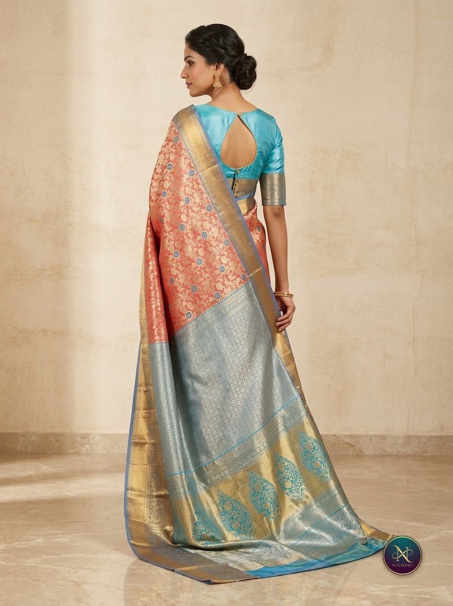 Coral Sky Blue Pattu Silk Saree