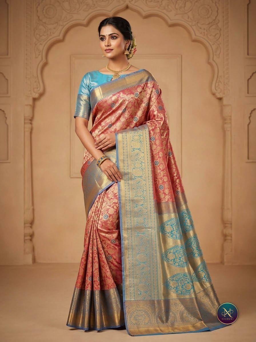 Coral Sky Blue Pattu Silk Saree