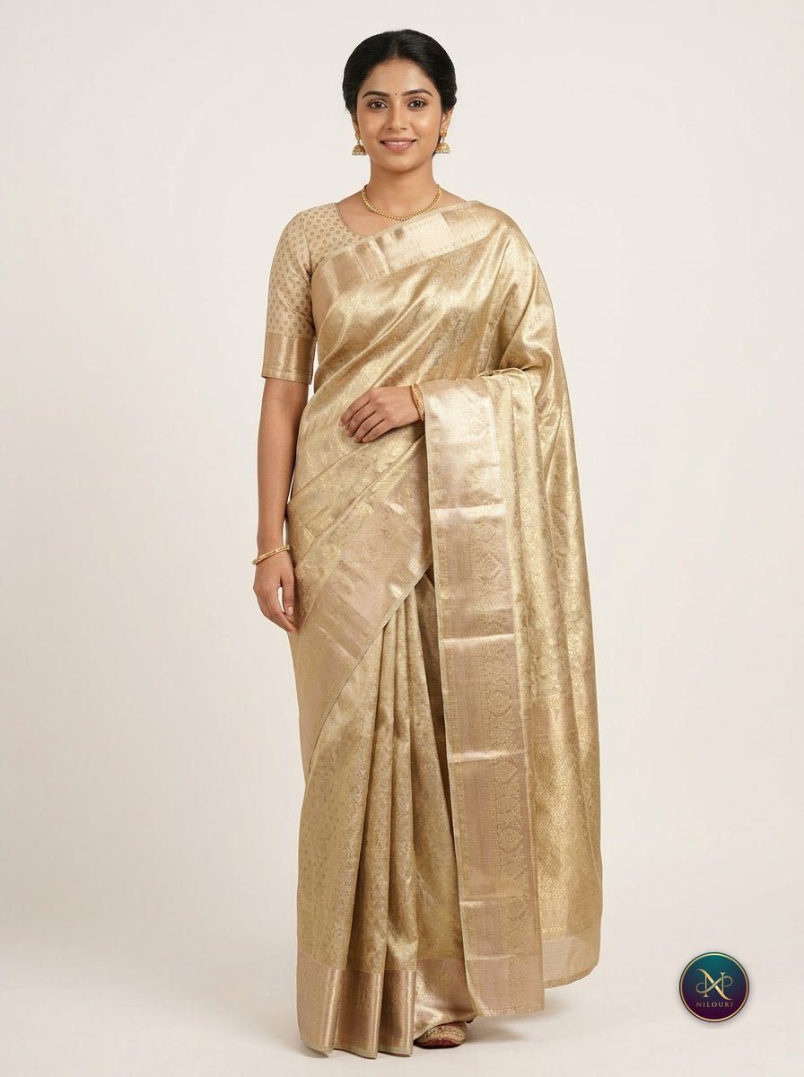Cream Gold Pure Self Tissue Saree