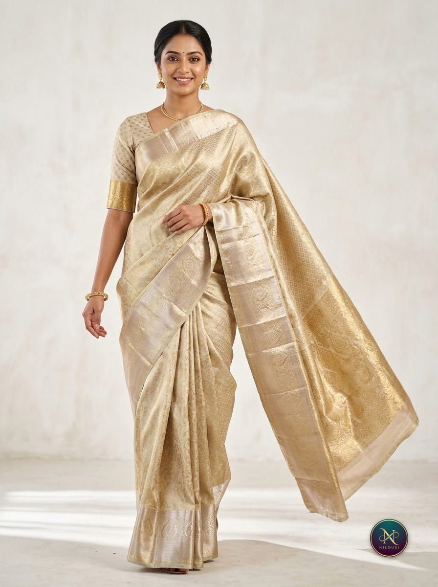 Cream Gold Pure Self Tissue Saree