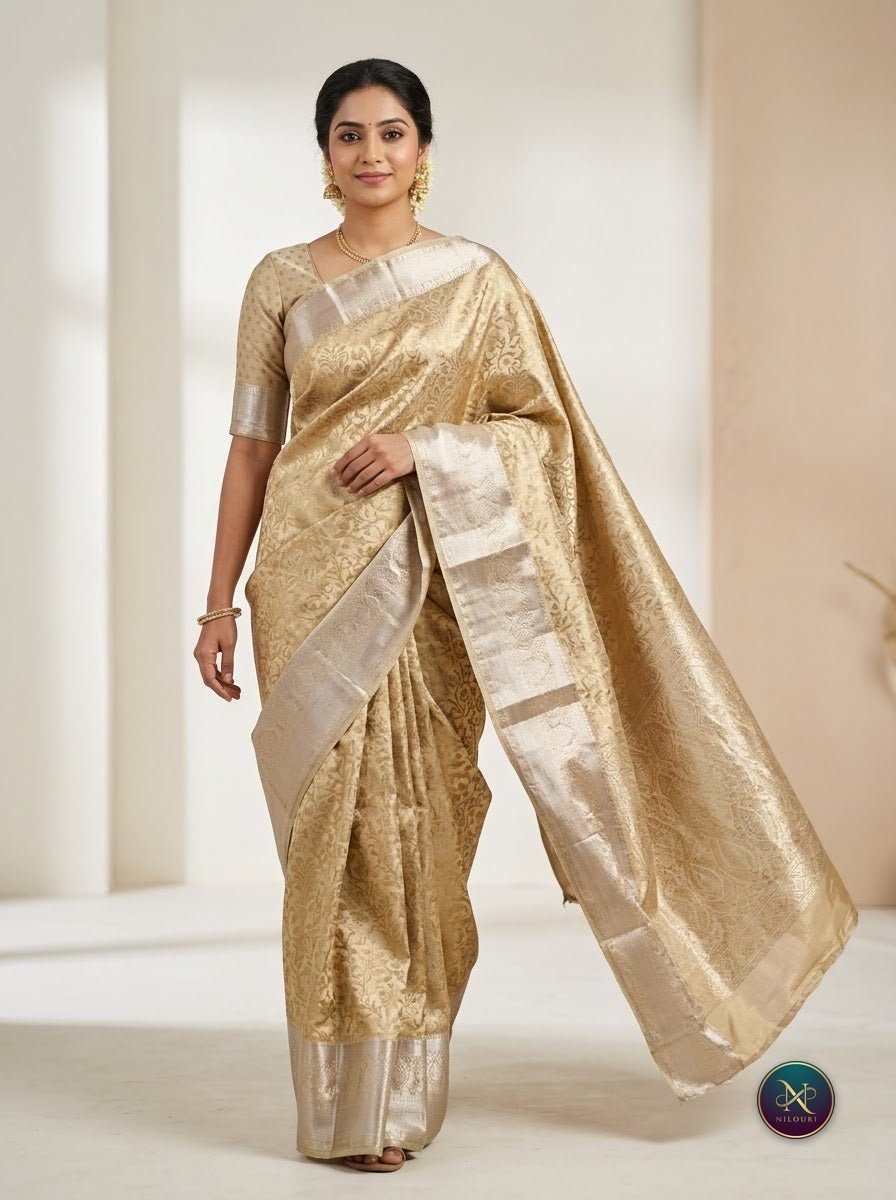 Cream Gold Pure Self Tissue Saree