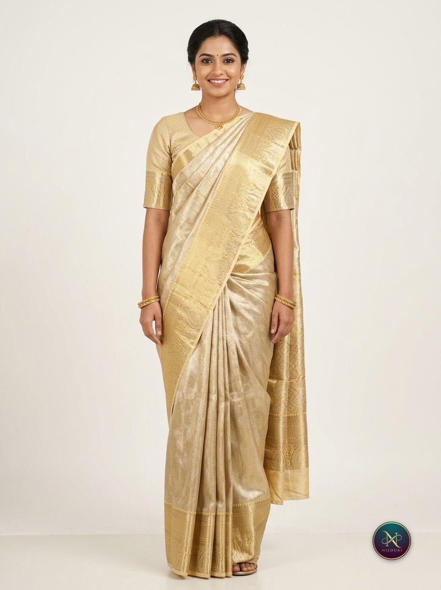 Cream Gold Pure Self Tissue Saree