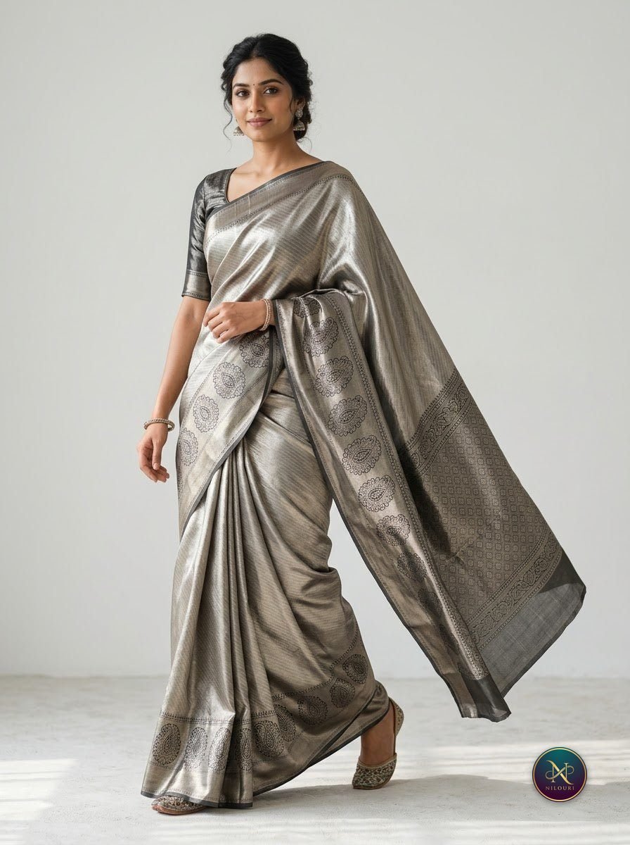 Graphite Silver Pure Self Tissue Saree