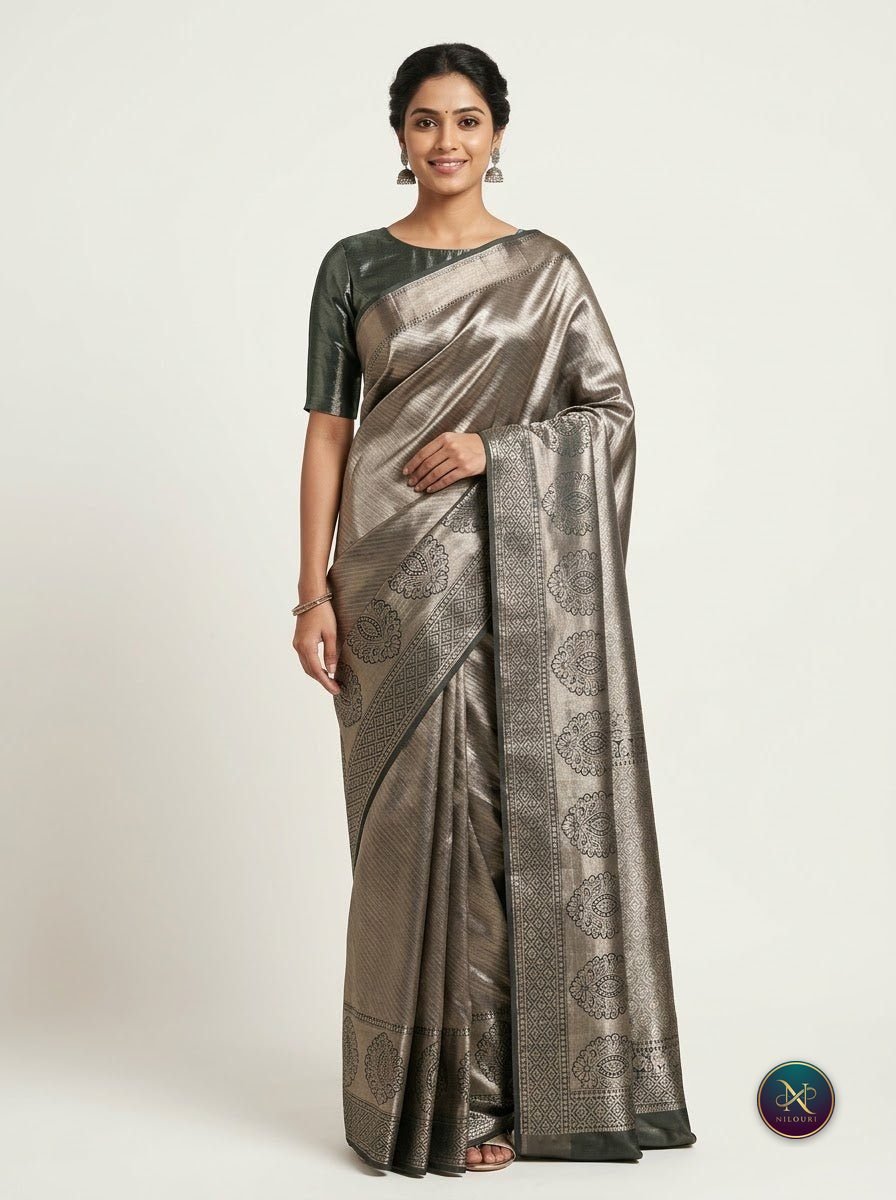 Graphite Silver Pure Self Tissue Saree