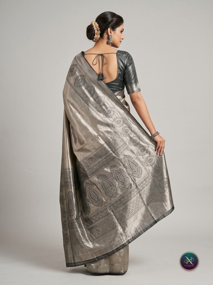 Graphite Silver Pure Self Tissue Saree