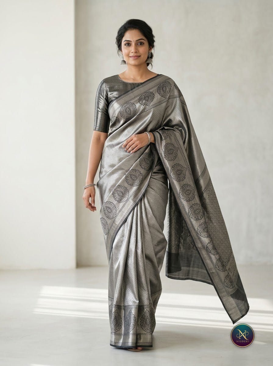 Graphite Silver Pure Self Tissue Saree