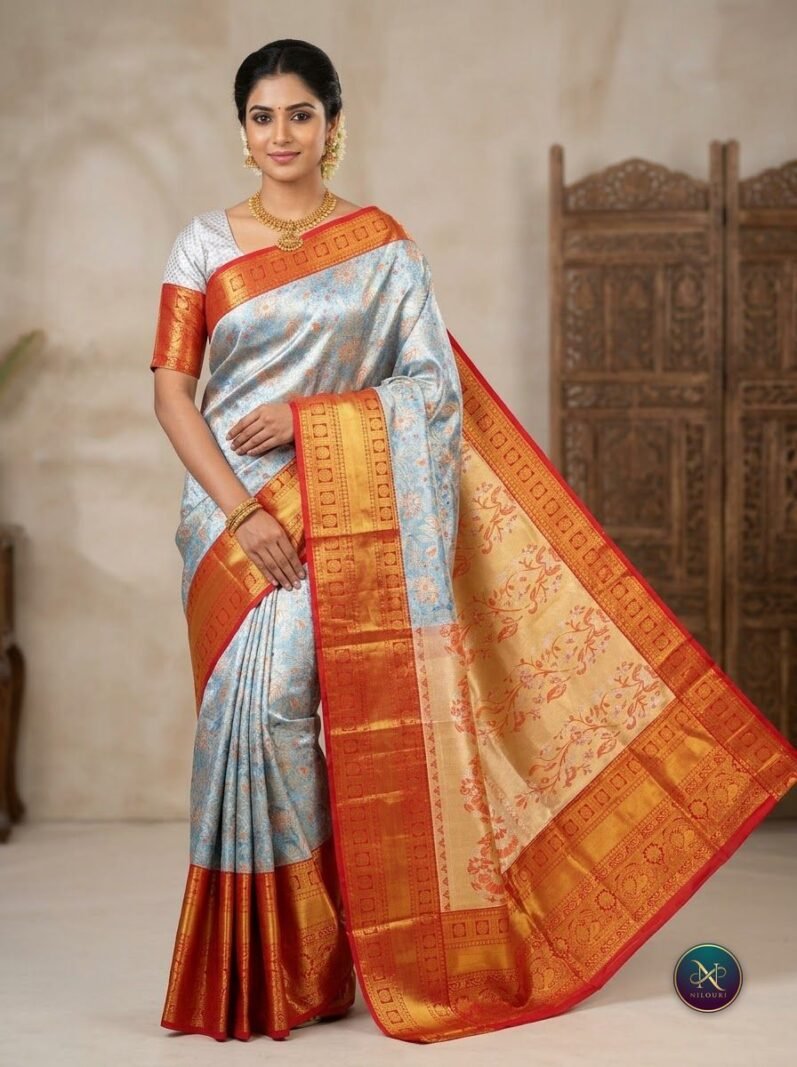 Ice Blue Orange Pattu Silk Saree