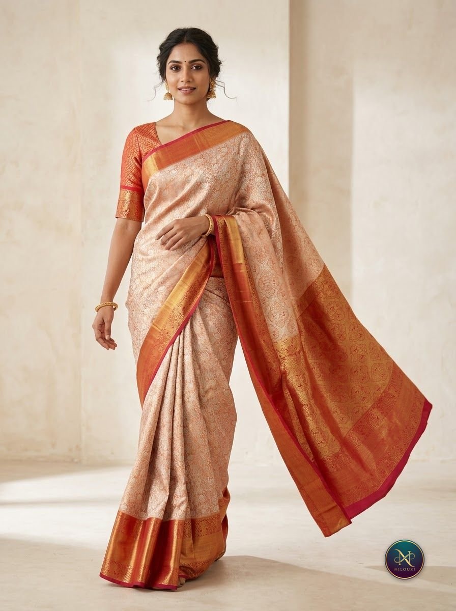 Ivory Tangerine Pure Self Tissue Saree