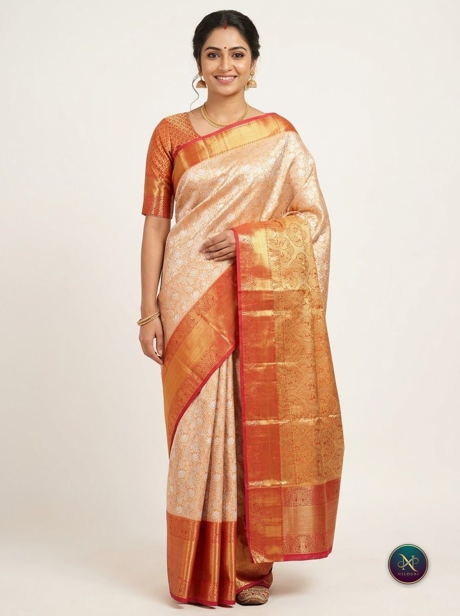 Ivory Tangerine Pure Self Tissue Saree