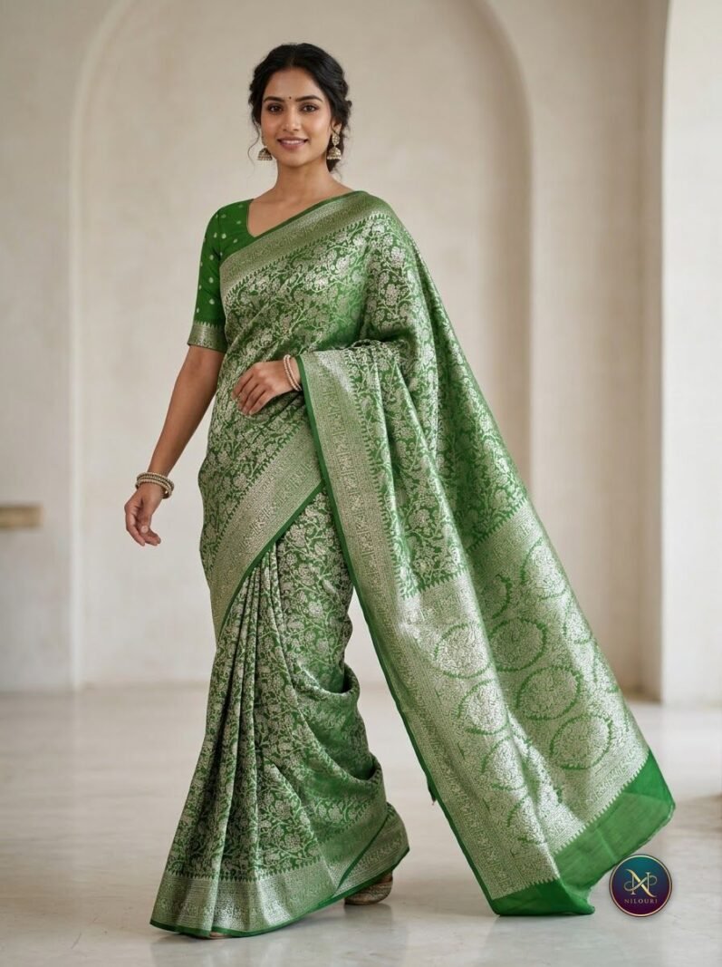 Leaf Green Silver Banarasi Fancy Saree