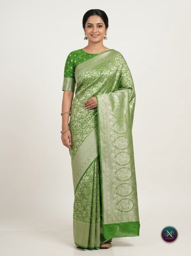 Leaf Green Silver Banarasi Fancy Saree