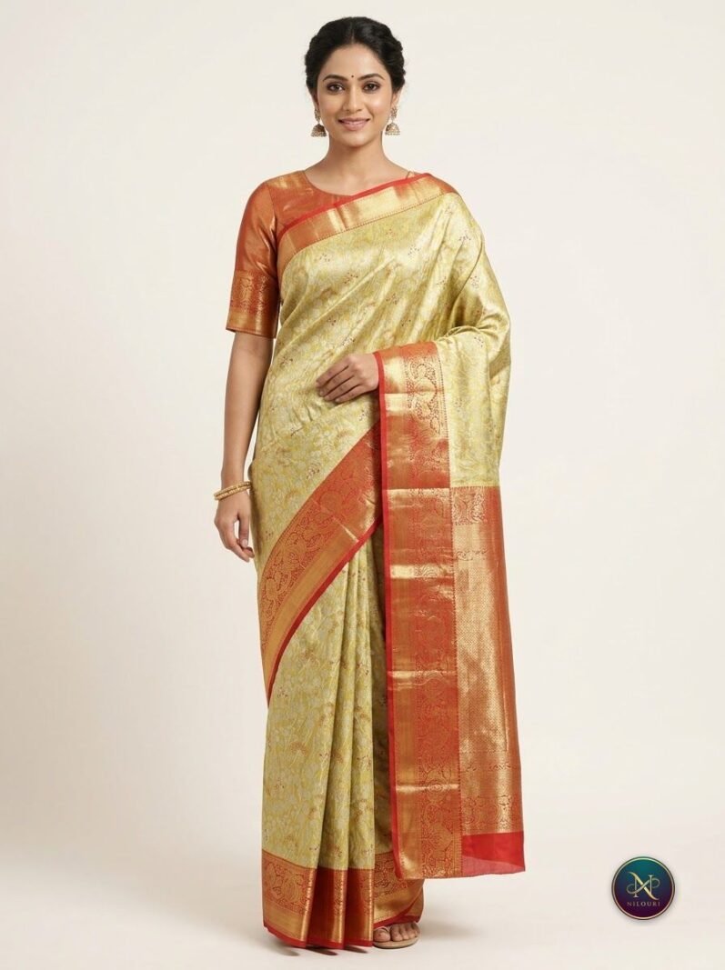 Lime Gold Vermilion Meenakari Pattu Saree