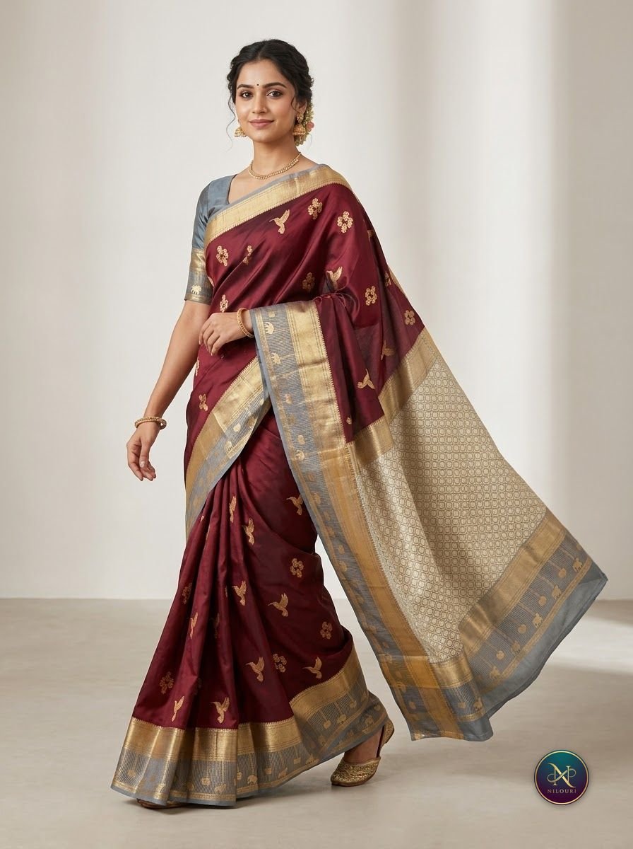 Maroon Grey Lightweight Vintage Pattu Saree