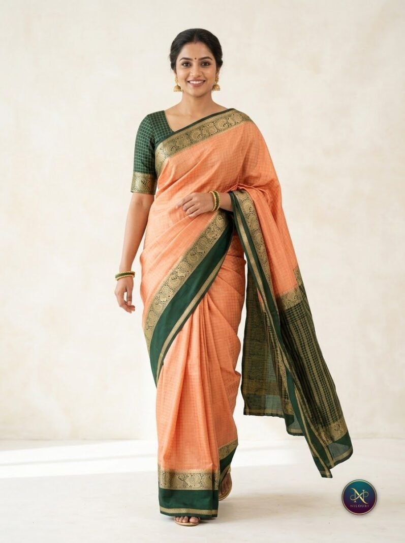 Peach Green Mysore Crepe Silk Saree