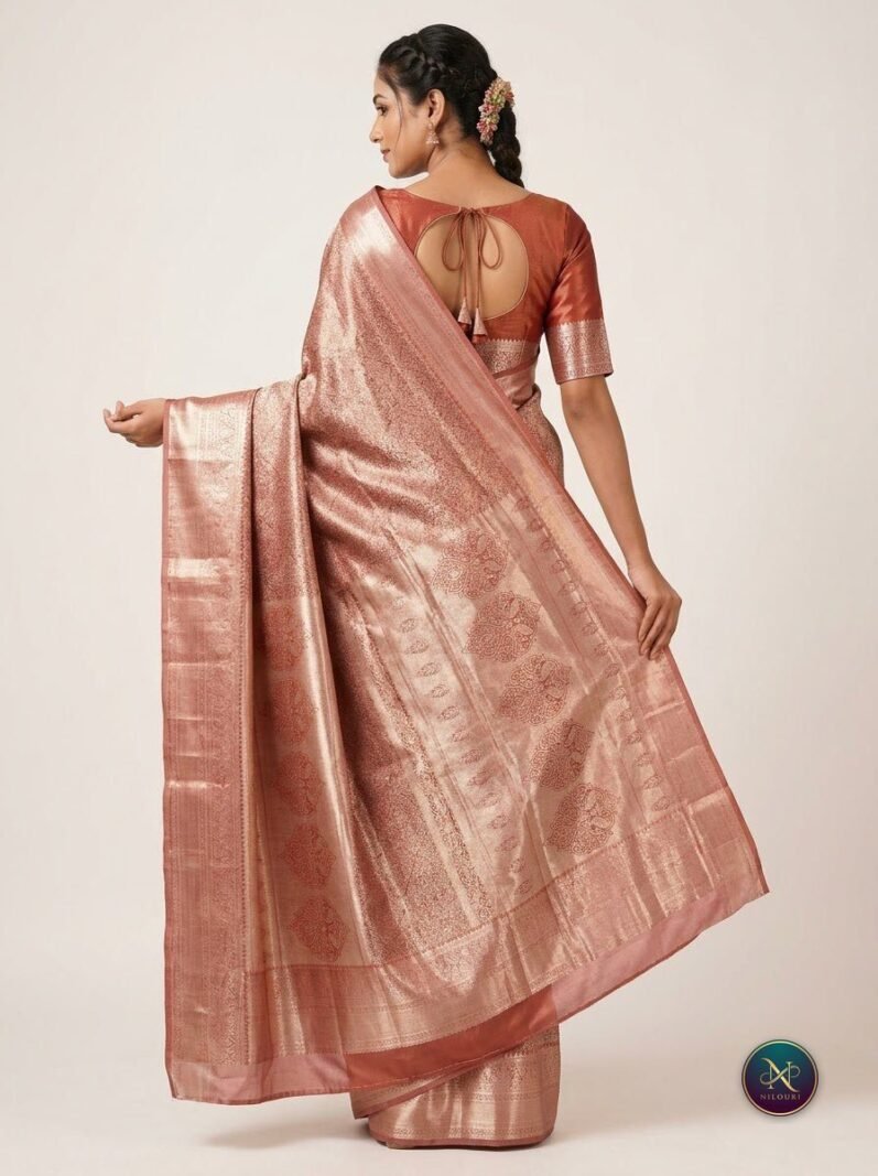 Peach Silver Pure Self Tissue Saree