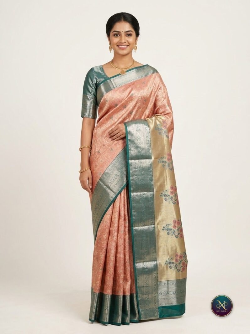Peach Teal Meenakari Pattu Saree