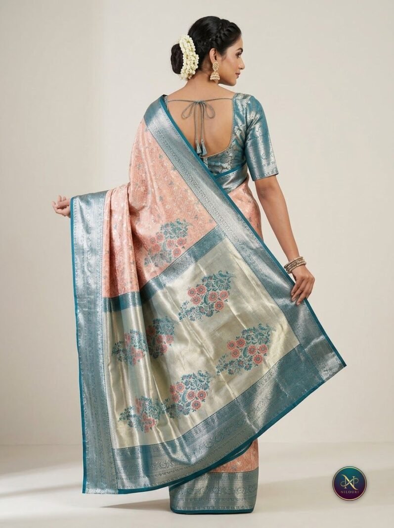 Peach Teal Meenakari Pattu Saree