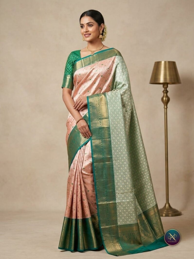 Peach Teal Pattu Silk Saree