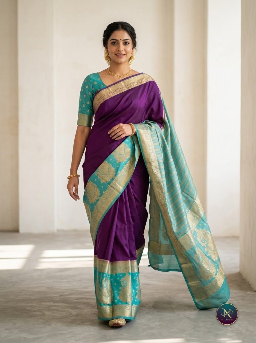 Plum Aqua Mysore Crepe Silk Saree