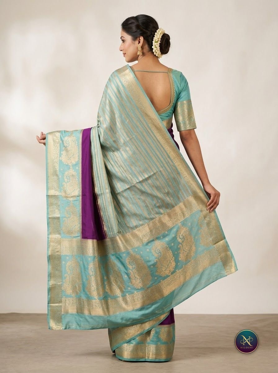 Plum Aqua Mysore Crepe Silk Saree