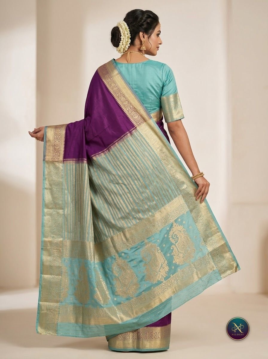 Plum Aqua Mysore Crepe Silk Saree