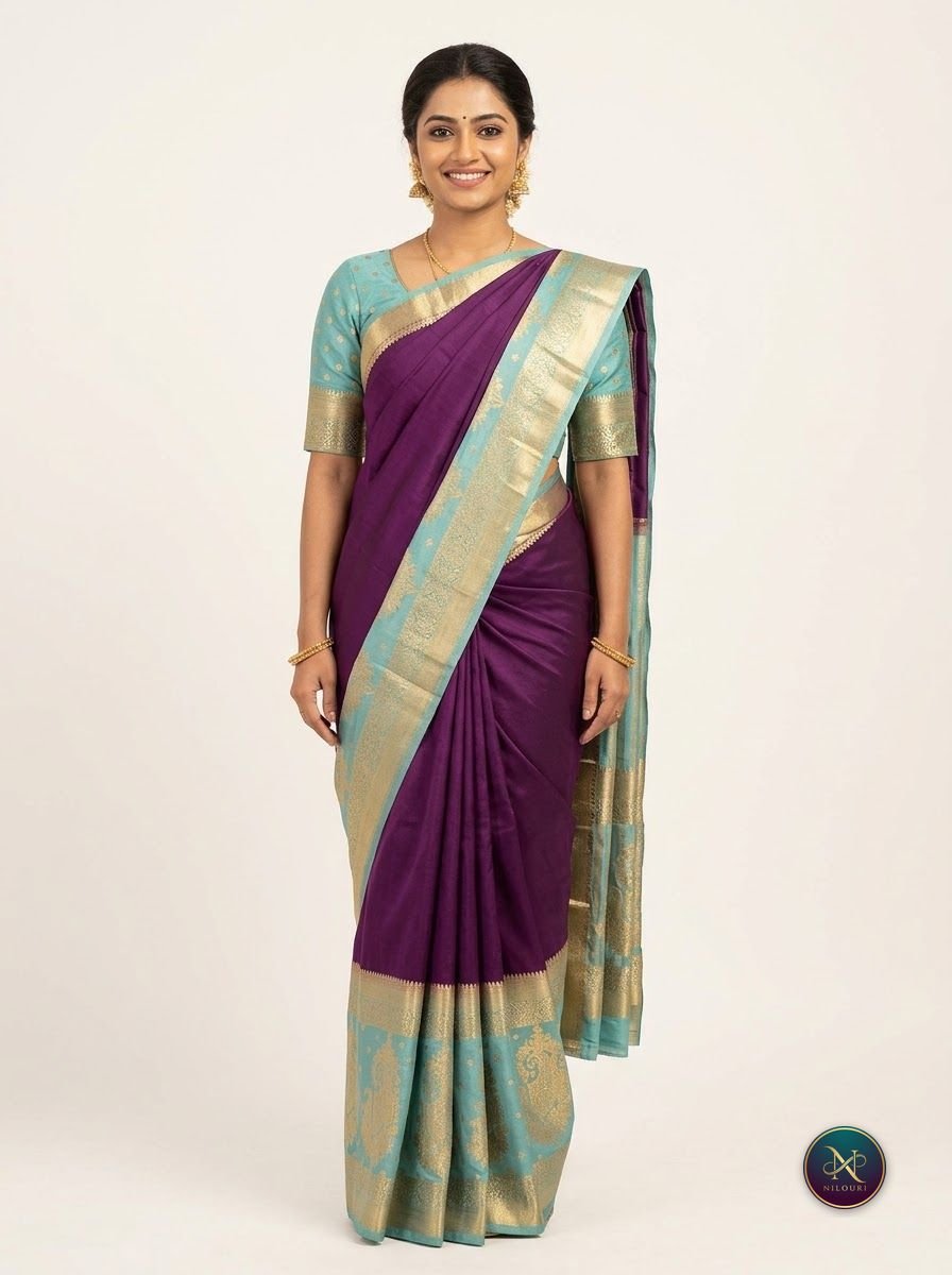 Plum Aqua Mysore Crepe Silk Saree
