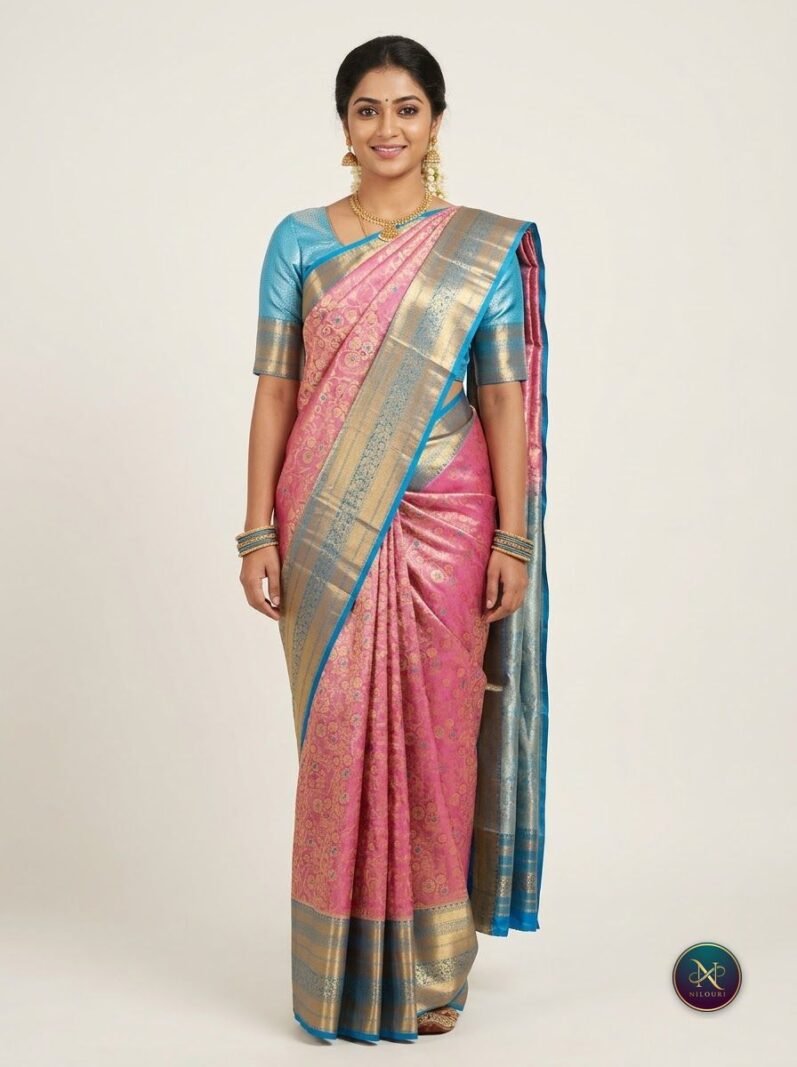 Rose Pink Sky Blue Meenakari Pattu Saree
