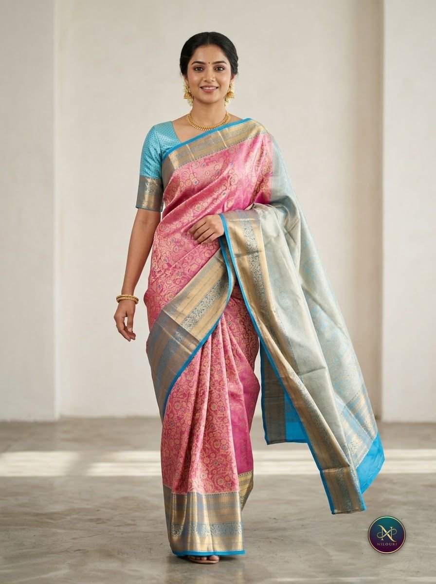 Rose Pink Sky Blue Meenakari Pattu Saree
