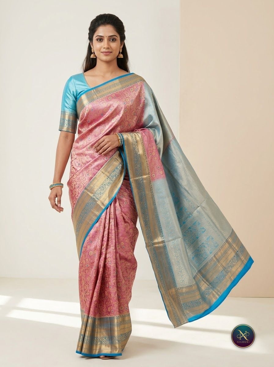 Rose Pink Sky Blue Meenakari Pattu Saree