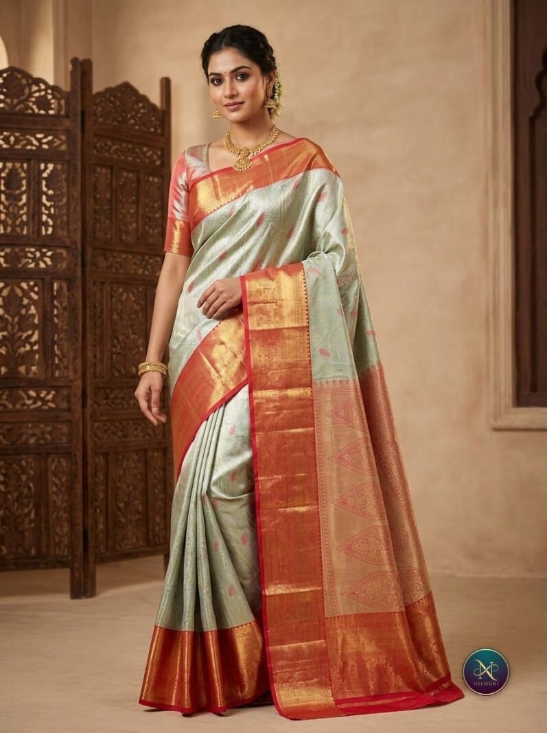 Seafoam Vermilion Pattu Silk Saree