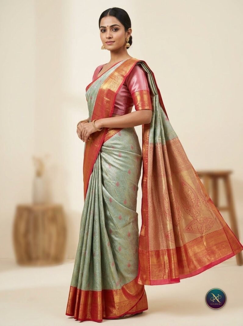 Seafoam Vermilion Pattu Silk Saree
