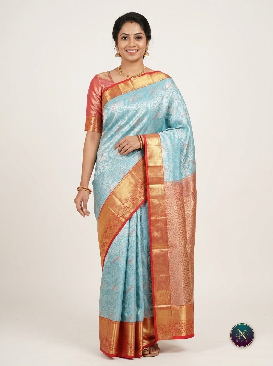 Sky Blue Orange Meenakari Pattu Saree