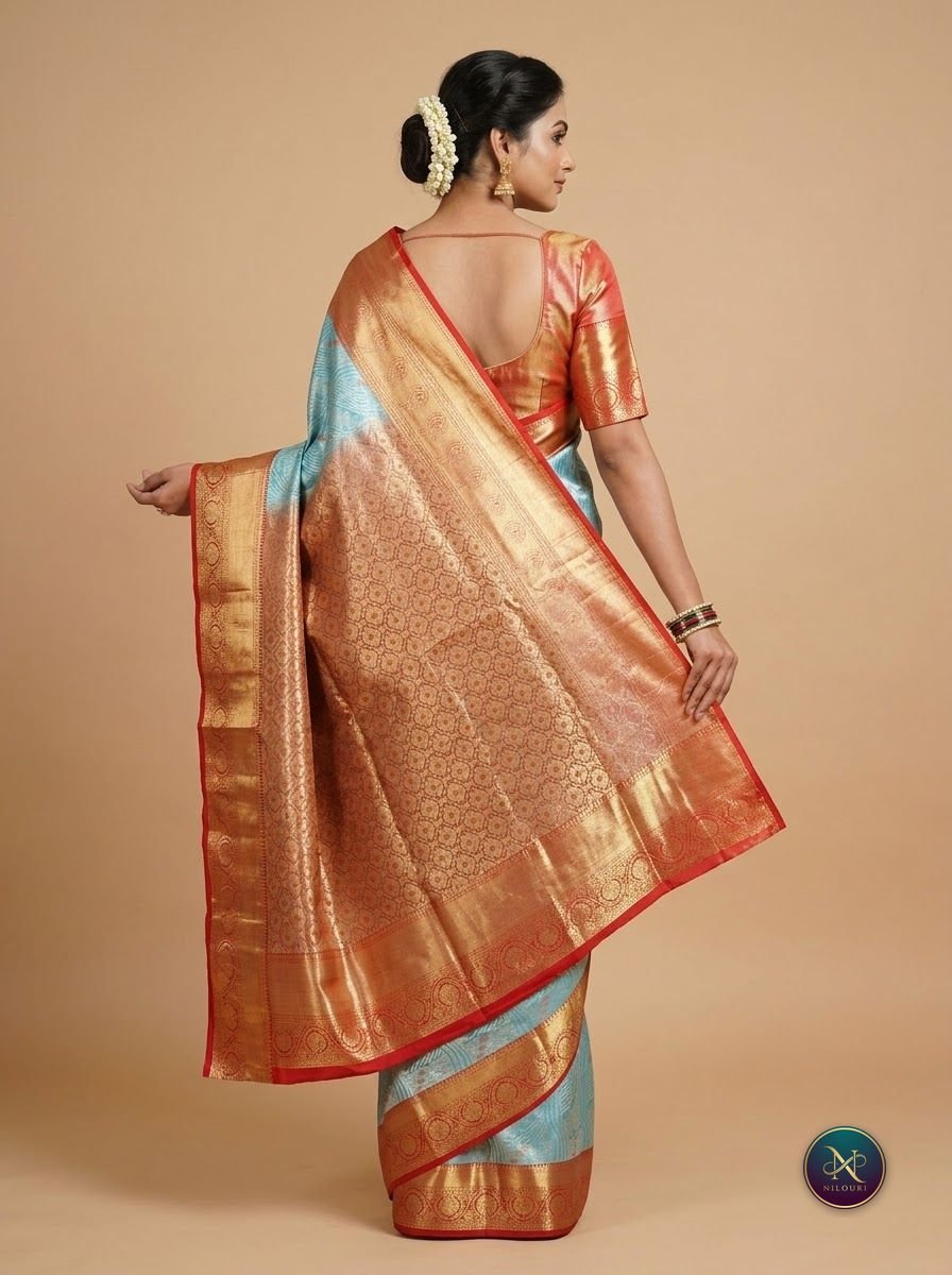 Sky Blue Orange Meenakari Pattu Saree
