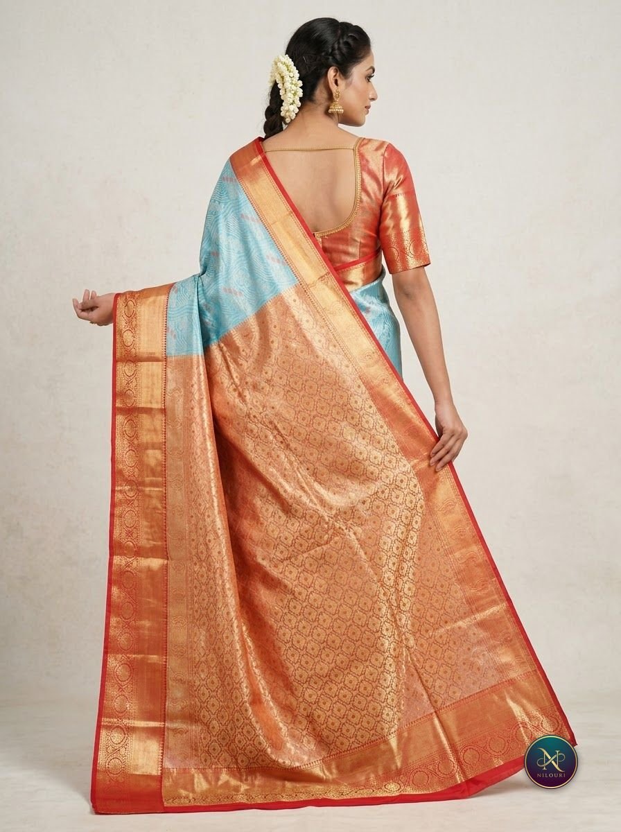 Sky Blue Orange Meenakari Pattu Saree