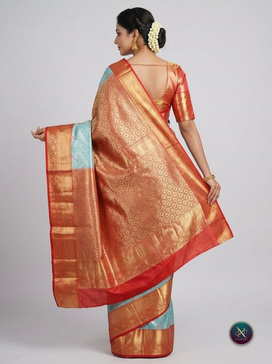 Sky Blue Orange Meenakari Pattu Saree