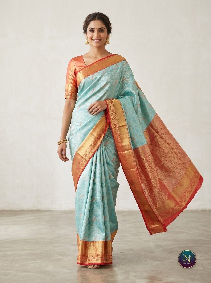 Sky Blue Orange Meenakari Pattu Saree