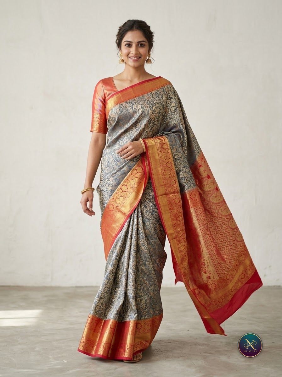 Slate Coral Meenakari Pattu Saree