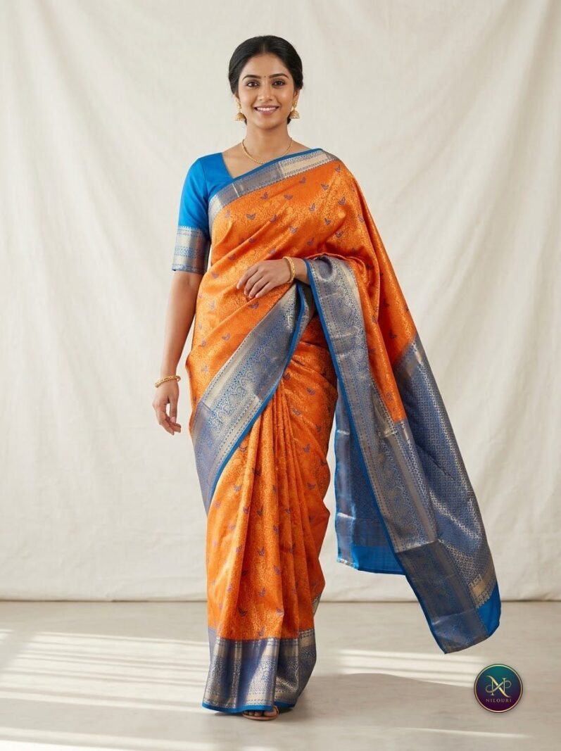 Tangerine Azure Pure Meenakari Pattu Saree