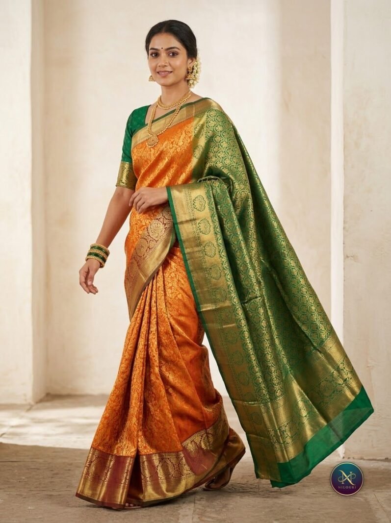 Tangerine Green Pure Pattu Saree