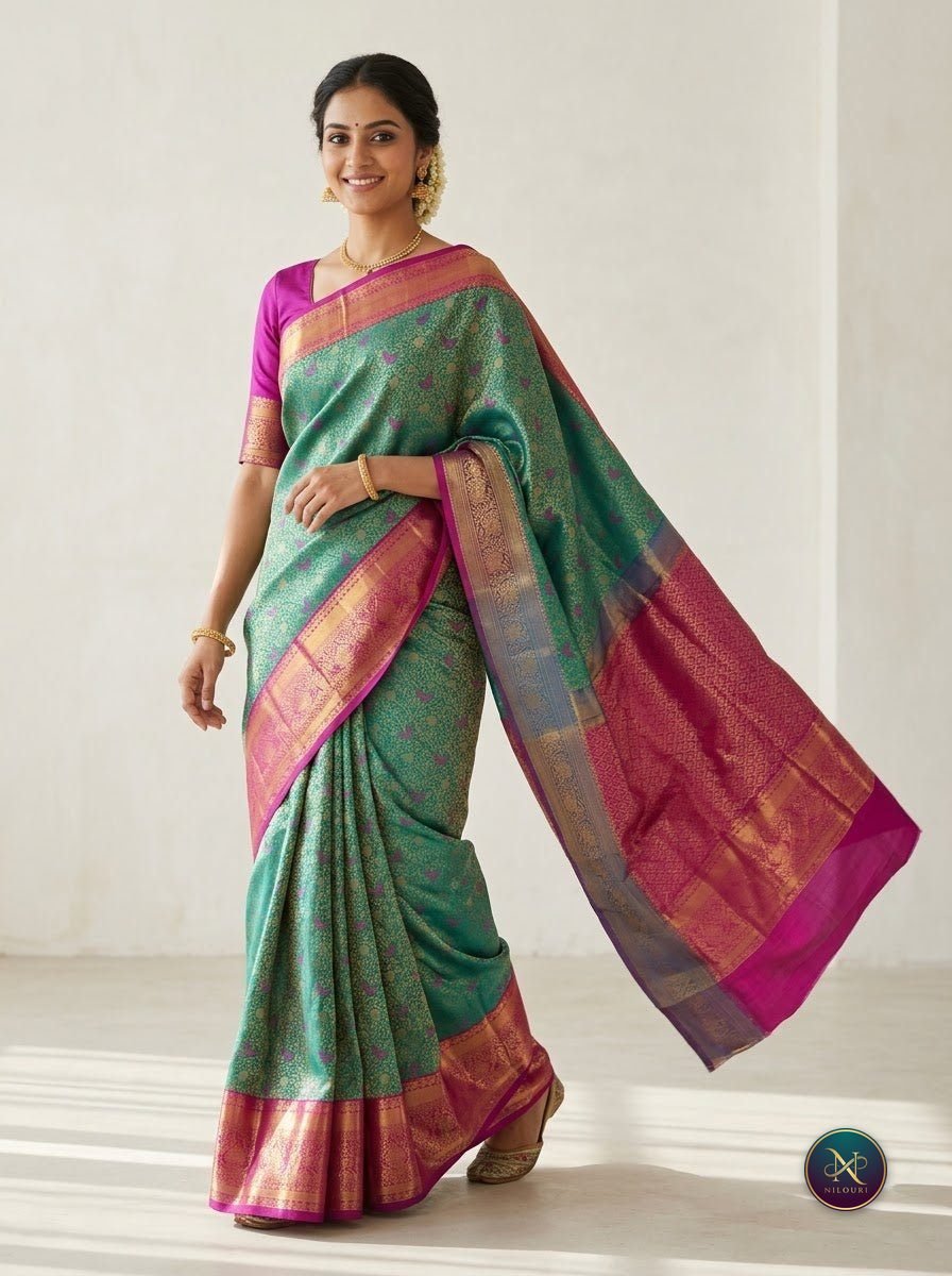 Teal Magenta Pure Meenakari Pattu Saree