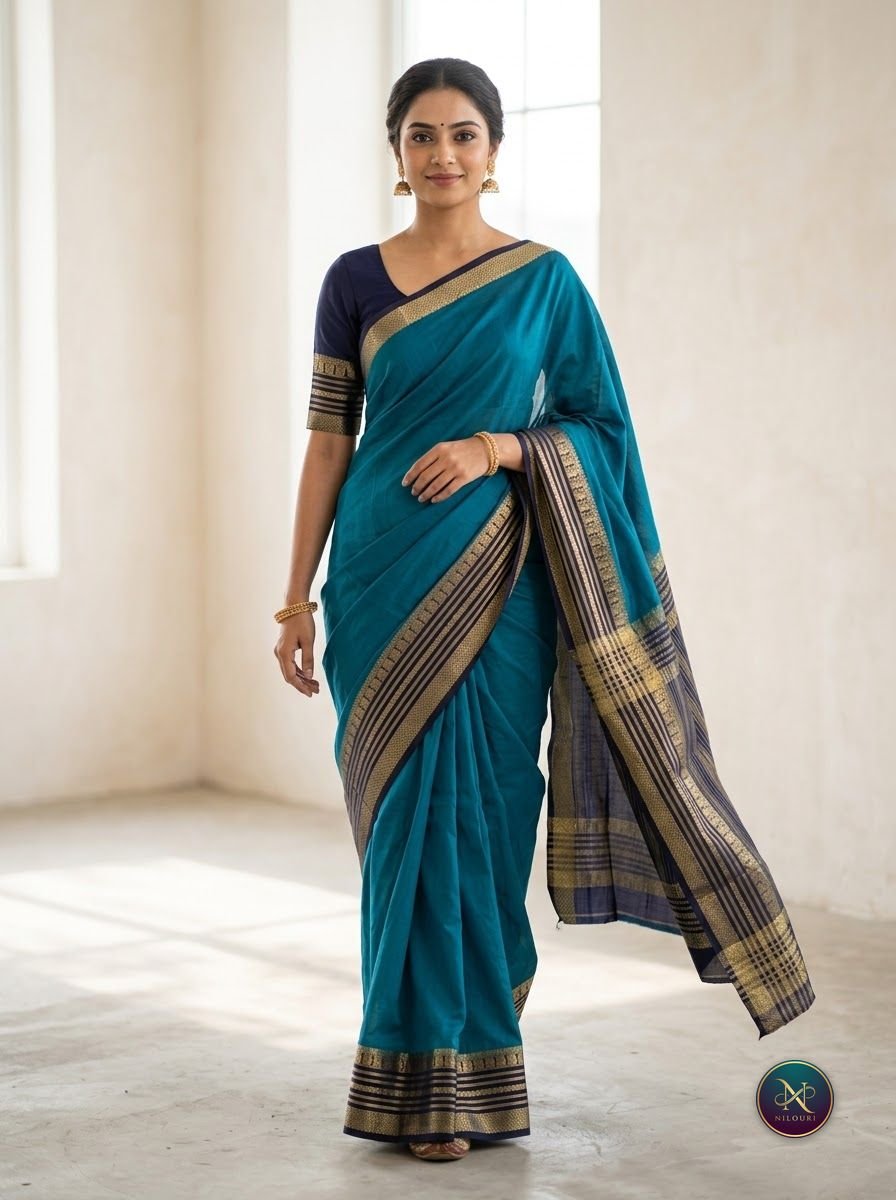 Teal Navy Mysore Crepe Silk Saree
