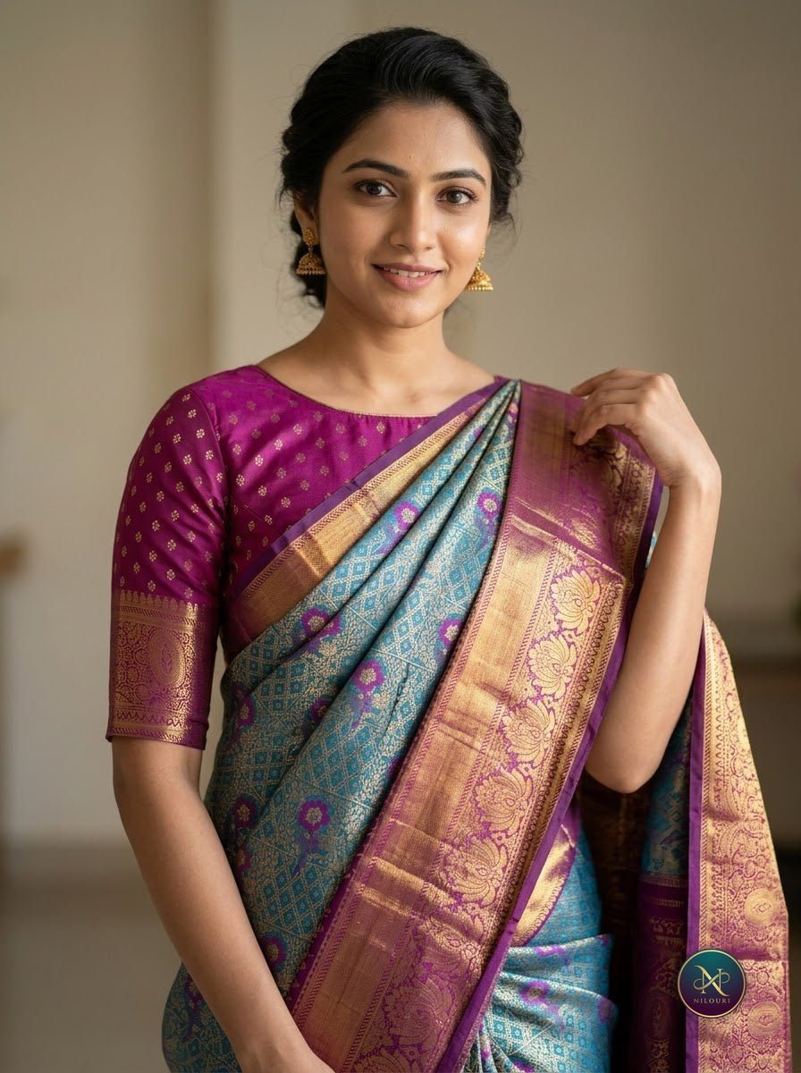 Teal Orchid Pure Kanchi Pattu Saree