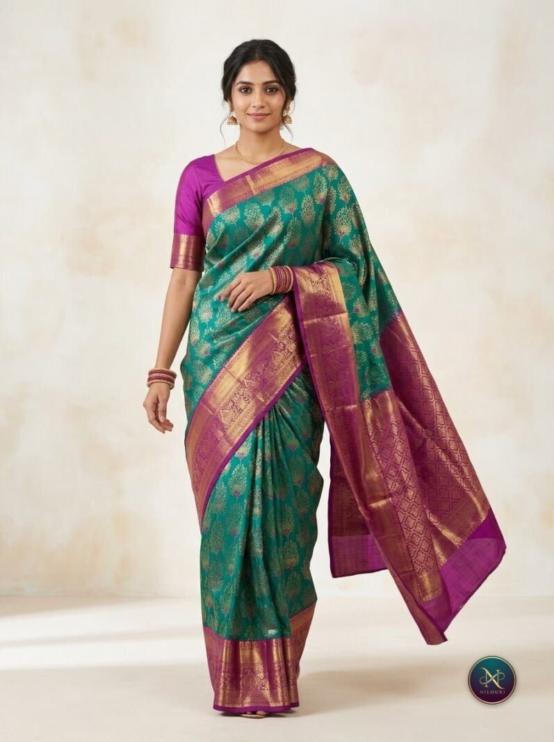 Teal Orchid Pure Kanchi Pattu Saree