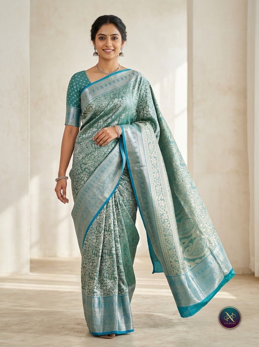 Teal Peacock Pure Self Tissue Saree