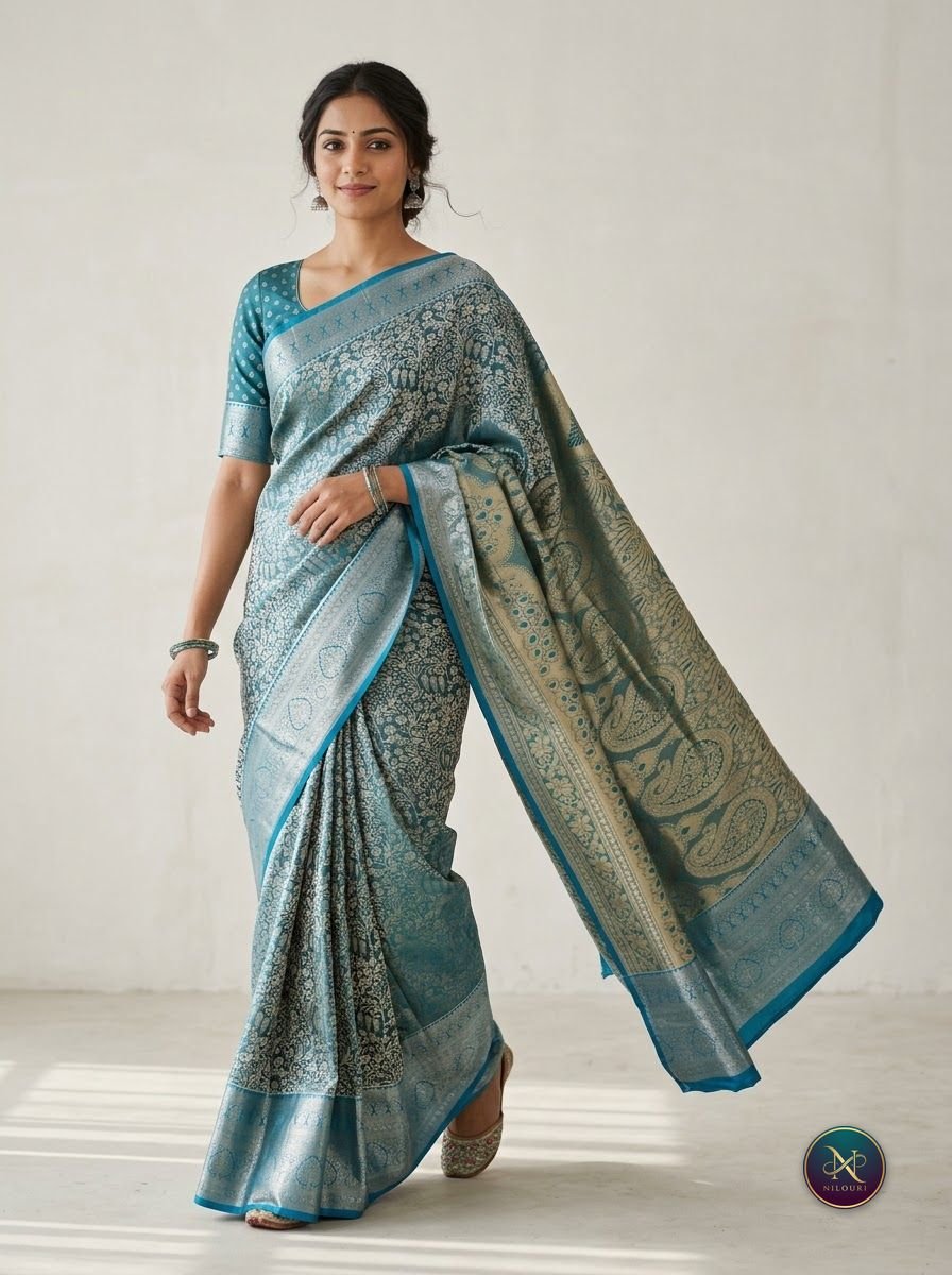 Teal Peacock Pure Self Tissue Saree